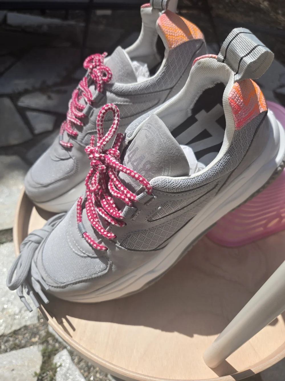 P448 Women's Luke Sneaker — Gray with Pink Accent.